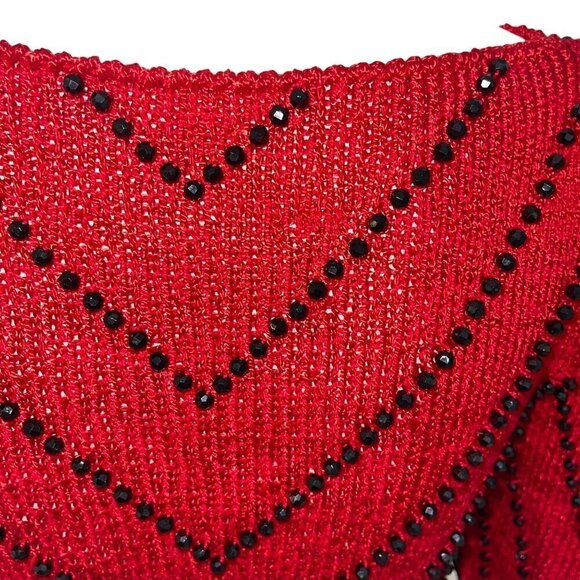Vintage Womens Sweater Size Small Red Knit Jeweled Puff Shoulder Boat Neck - Picture 8 of 10